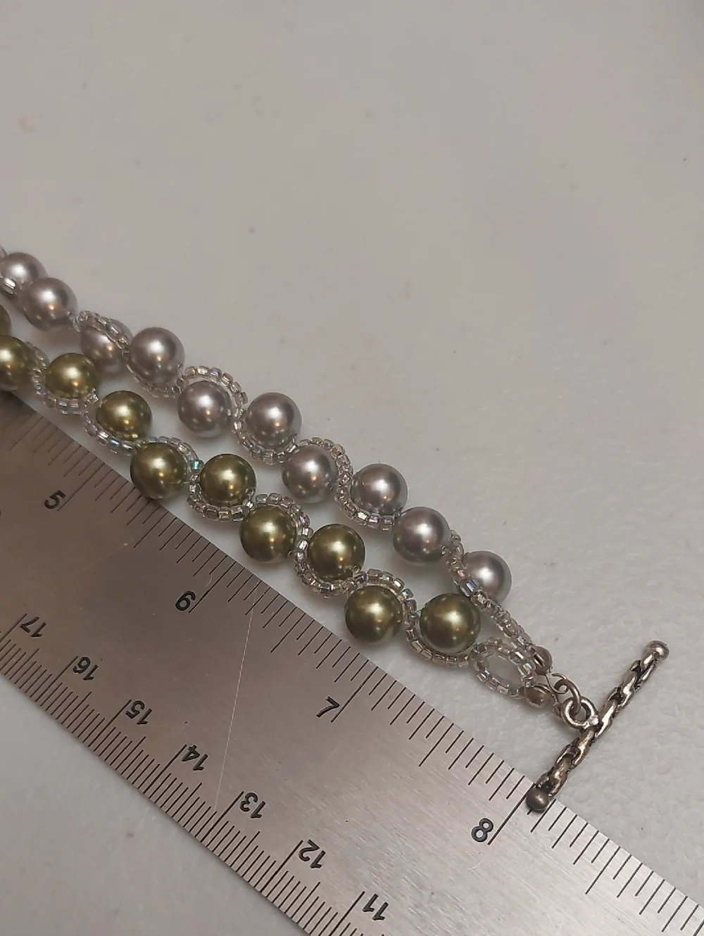 Vintage Artisal Double Strands Gray Green Faux Pearls Beaded Toggle Bracelet
